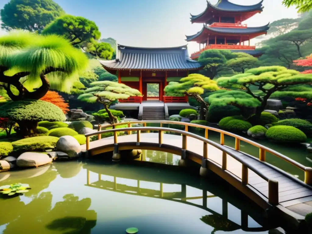 Un jardín taoísta sereno y exuberante, con bonsáis, un estanque de carpas koi y un puente de madera que lleva a una pagoda tradicional