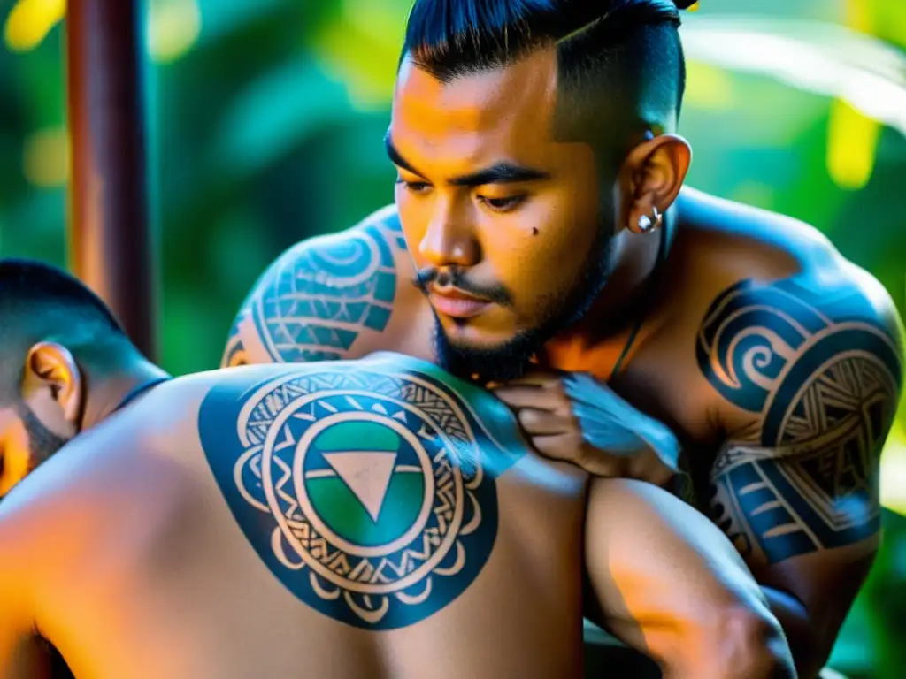 Un tatuador tradicional polinesio crea un diseño intrincado en la espalda de un joven, rodeado de exuberante naturaleza tropical