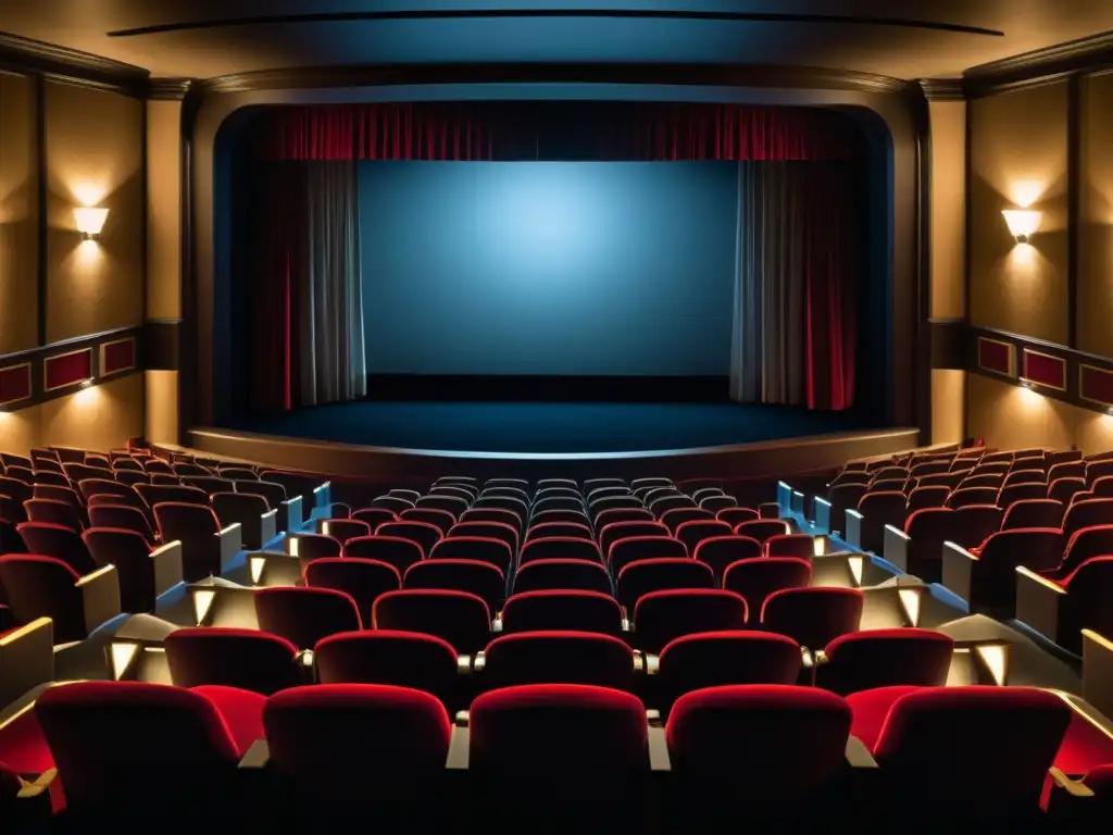 Un teatro con asientos vacíos, pantalla grande con escena filosófica de película clásica