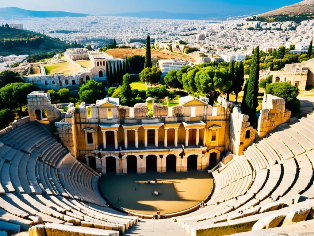 El Teatro de Dionisio en Atenas, Grecia, bañado por la cálida luz de la tarde, muestra lugares clave del pensamiento socrático