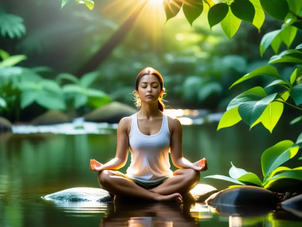 Técnica de mindfulness para equilibrio emocional: persona meditando en un entorno natural sereno, rodeada de vegetación exuberante y agua suave