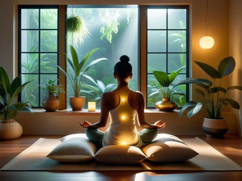 Técnica de meditación para resiliencia emocional: persona meditando en un ambiente sereno y acogedor, iluminado por luz dorada