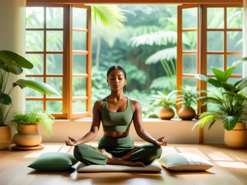 Técnicas de meditación para resiliencia emocional: Persona meditando en un espacio sereno con luz natural y plantas
