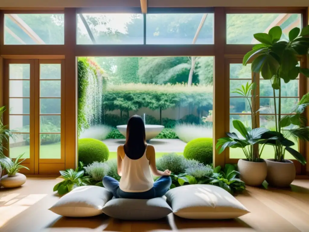 Técnicas simples de meditación para principiantes: persona meditando en un ambiente sereno con plantas y jardín