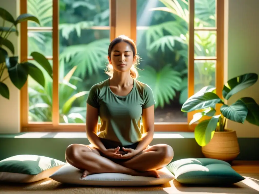 Técnicas simples de meditación para principiantes: persona meditando en un ambiente sereno, con luz suave y plantas verdes