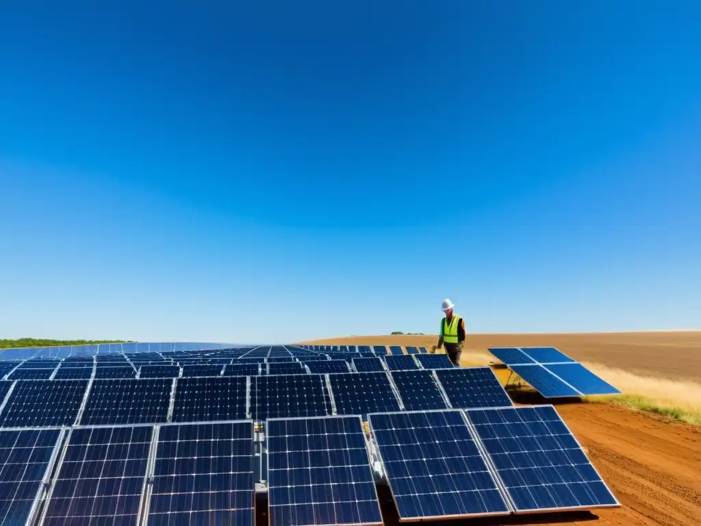Un técnico ajusta paneles solares en un campo soleado, reflejando la ética en la transición energética