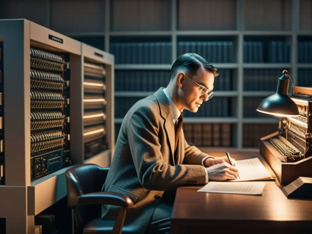 Alan Turing desarrollando tecnología informática en una habitación tenue, rodeado de papeles y maquinaria compleja