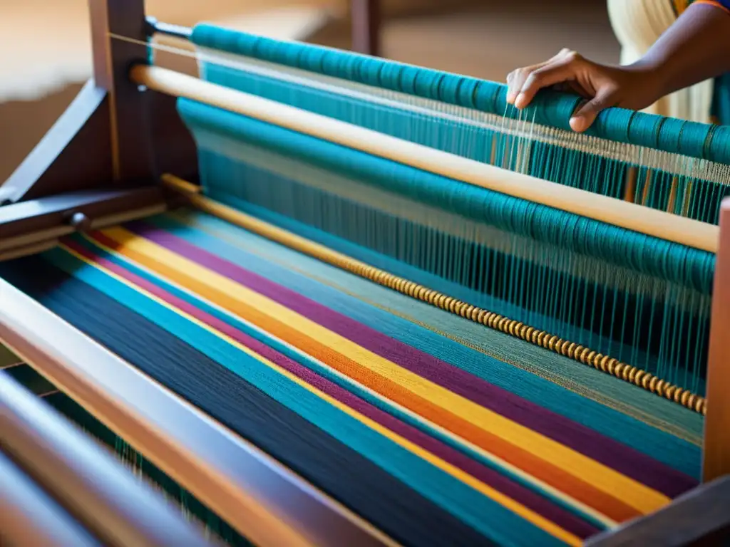 Tejido tradicional en acción: manos expertas fusionan identidad cultural en filosofía textil, entrelazando hilos vibrantes y ricos en historia