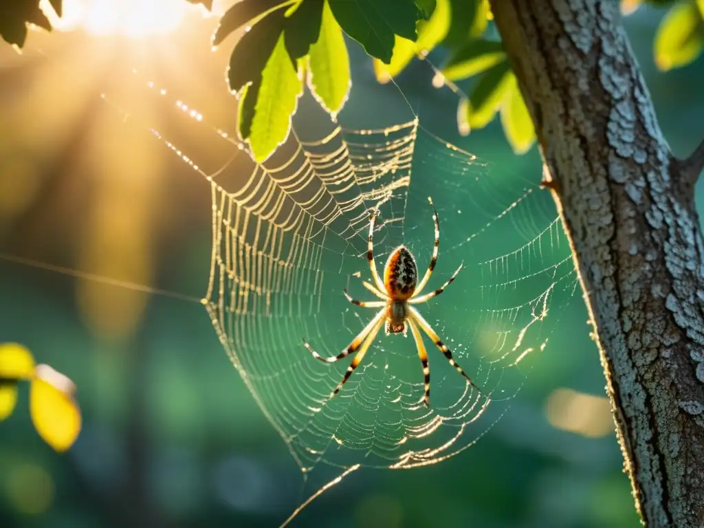 La araña tejía su tela entre las ramas de un roble al atardecer, evocando libertad y predestinación filosófica