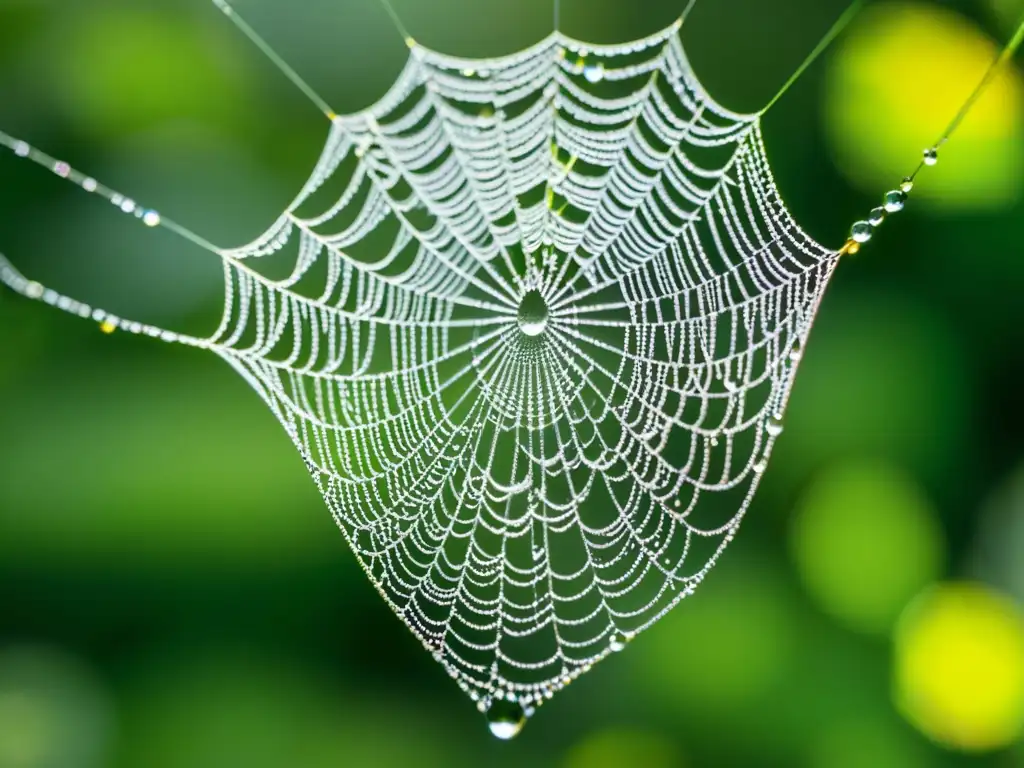 Una tela de araña vibrante cubierta de rocío, entre follaje verde, simboliza la potencialidad y actualidad en la naturaleza