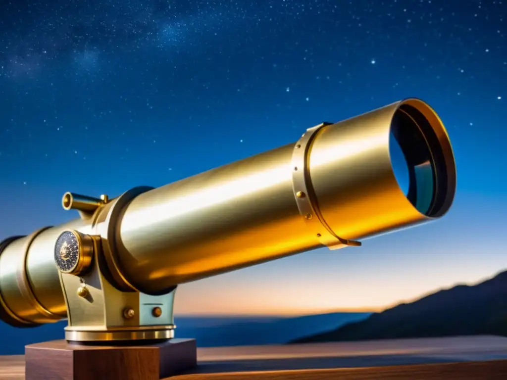 Un telescopio vintage detallado con latón, apuntando al cielo estrellado, evocando la filosofía de la ciencia y predicción