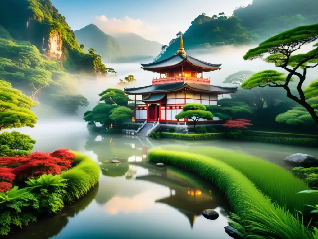 Templo asiático en la montaña cubierta de niebla, rodeado de exuberante vegetación