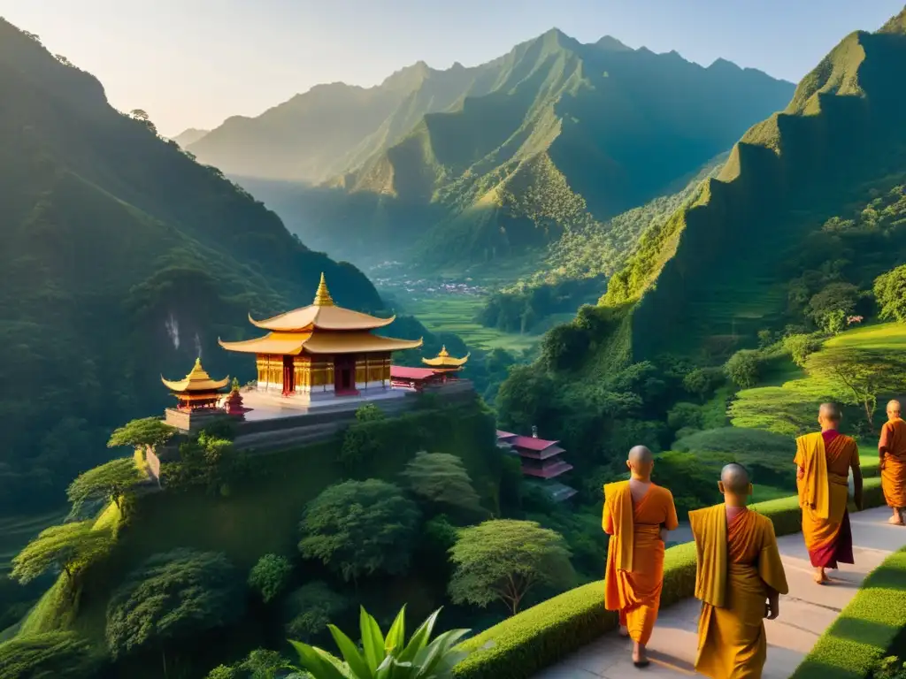 Templo al atardecer entre montañas verdes, con monjes en saffron y visitantes en diálogo filosófico tradiciones orientales