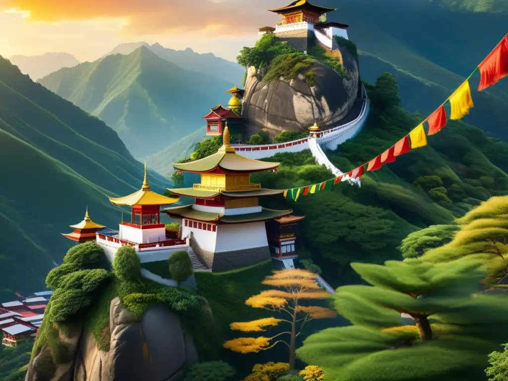 Un templo budista en un paisaje montañoso sereno, con técnicas budistas para mindfulness en liderazgo
