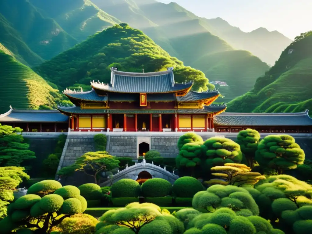 Un templo confuciano ancestral se alza entre montañas verdes, irradiando sabiduría atemporal