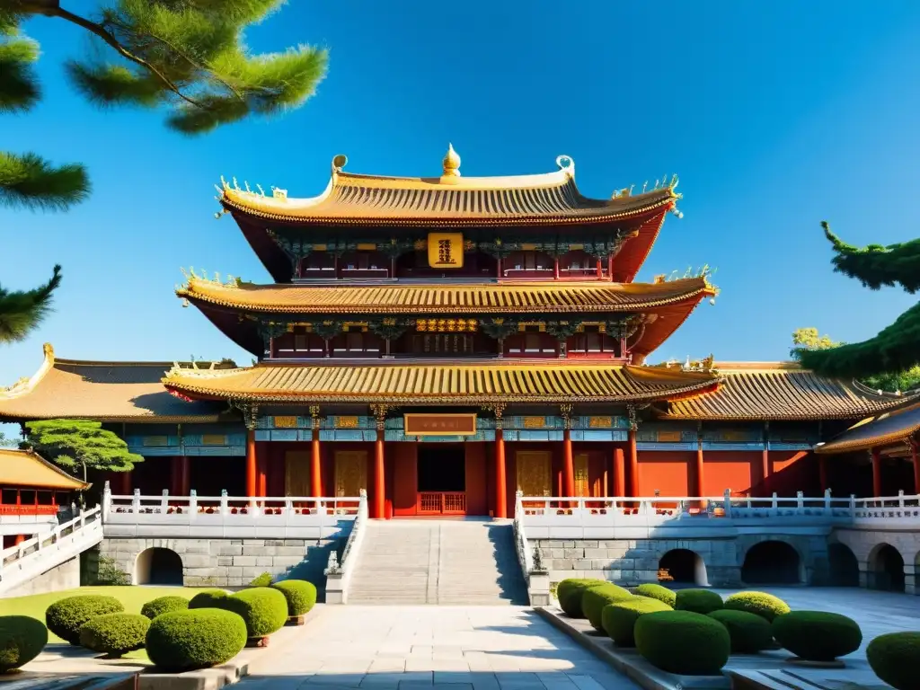 Templo confuciano con detalles arquitectónicos intrincados y un entorno sereno de exuberante vegetación y cielo azul