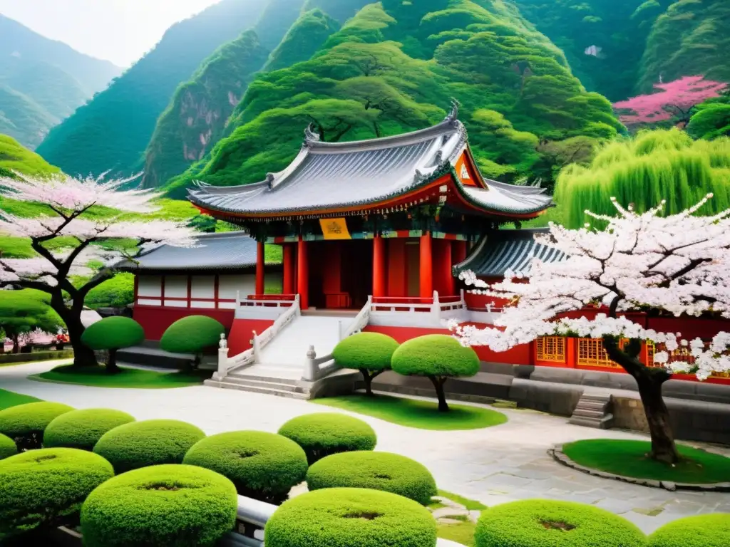 Templo confuciano en la naturaleza, con monjes meditando y árboles de cerezo en flor