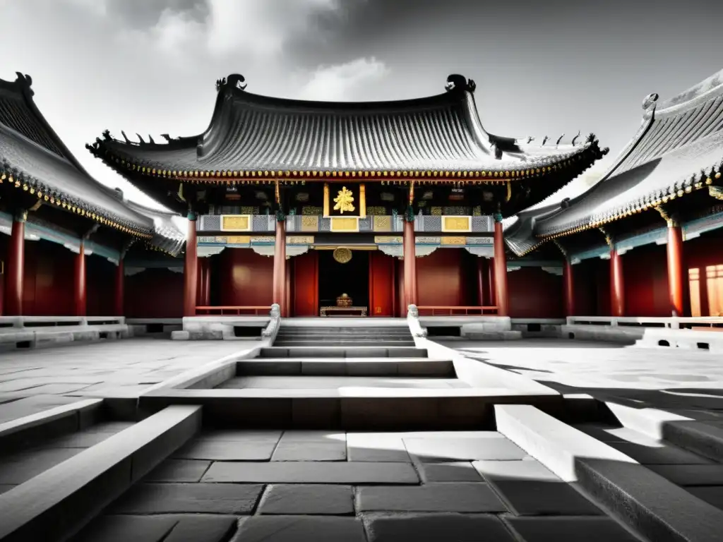 Templo Confuciano resplandeciente con detalles intrincados y debate animado, infundiendo serenidad y dinamismo