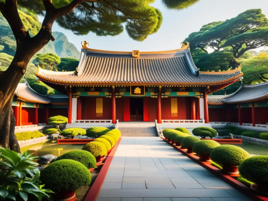 Un templo confuciano rodeado de exuberante vegetación, con detalles arquitectónicos intrincados y colores rojos y dorados vibrantes