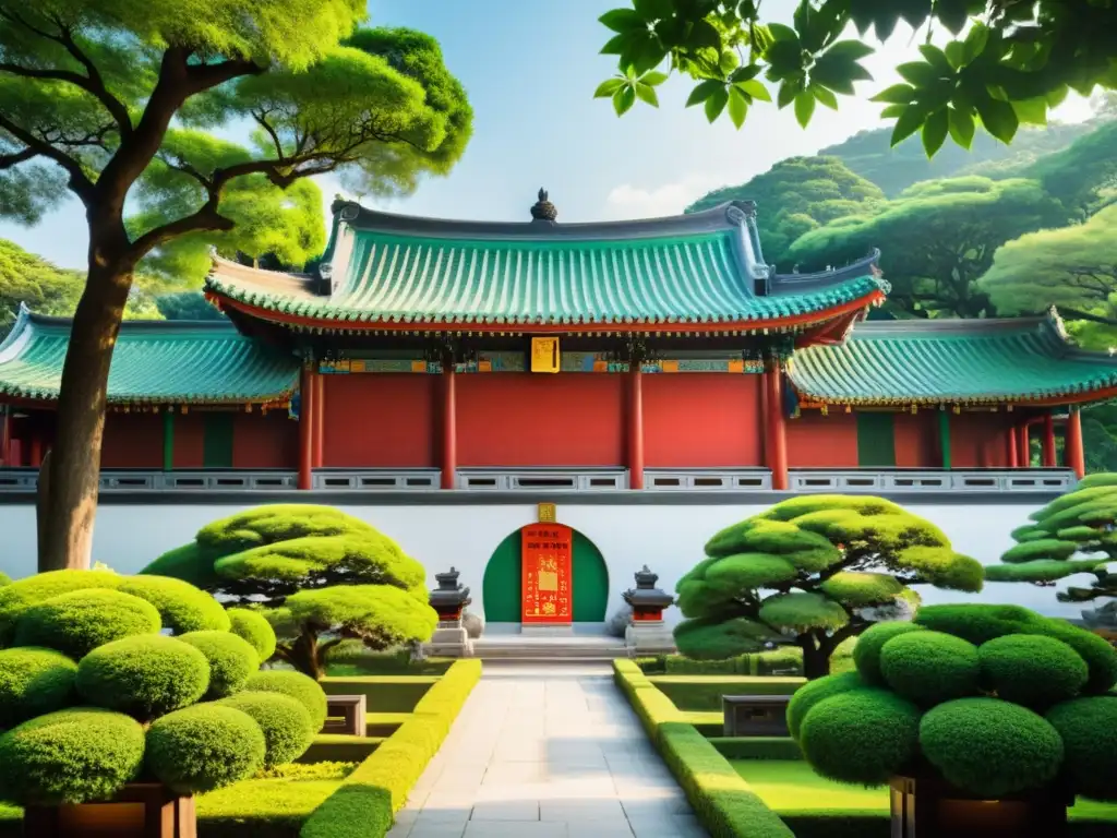 Un templo confuciano rodeado de exuberante vegetación, reflejando la serenidad y filosofía del Confucianismo