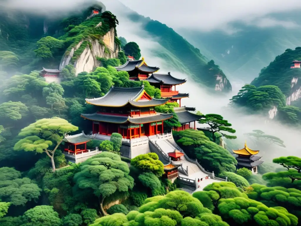Templo Confuciano en valle neblinoso, reflejando dimensión espiritual del confucianismo y su filosofía