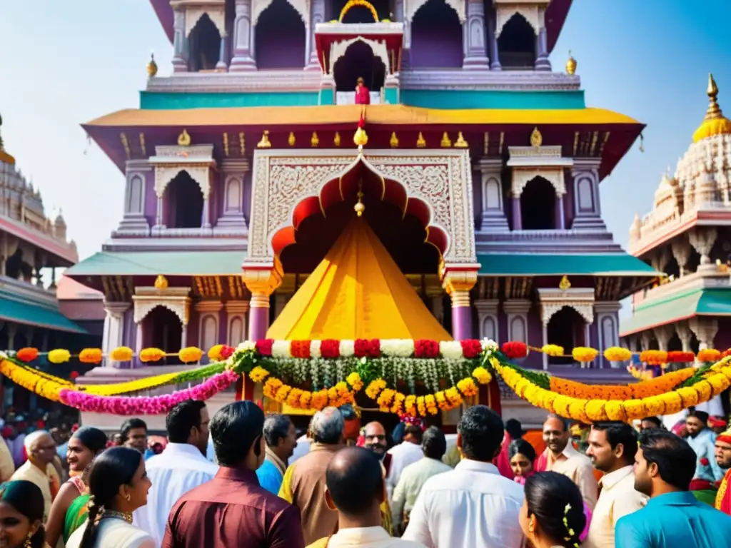 Templo hindú decorado con colores vibrantes y adornos dorados, rodeado de gente celebrando festivales hindúes con alegría y colorida espiritualidad