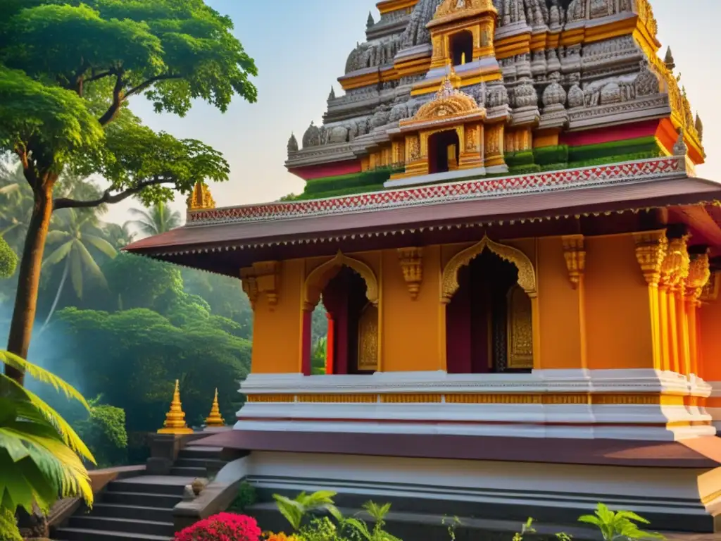 Templo hindú con devotos realizando prácticas diarias, rodeado de exuberante vegetación y atardecer cálido