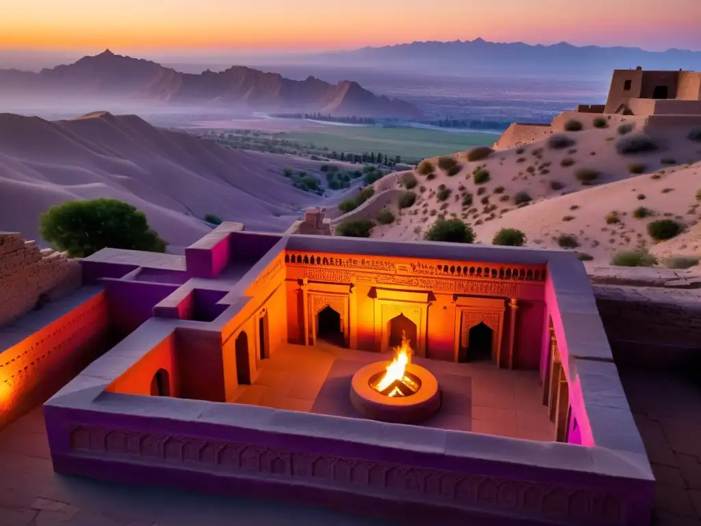 Un templo del fuego zoroastriano al atardecer, con una atmósfera espiritual y el futuro del Zoroastrismo en cada detalle de su arquitectura