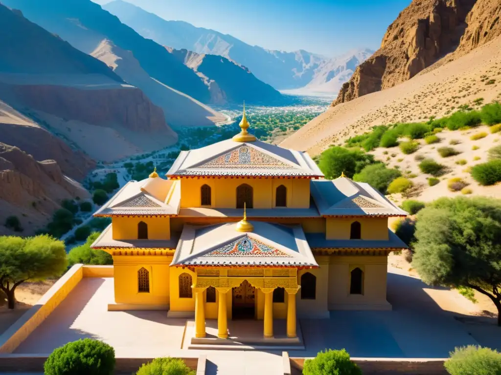 Un templo del fuego Zoroastriano tallado con detalles arquitectónicos y colores vibrantes, enmarcado por un paisaje de montaña