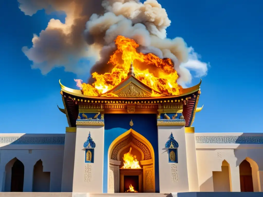 Un templo del fuego zoroástrico con una llama eterna dorada en su centro, rodeado de símbolos religiosos en un ambiente sereno