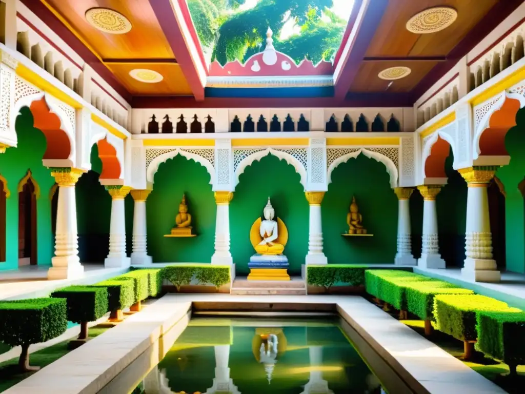 Templo jainista con esculturas y grabados coloridos, rodeado de vegetación exuberante y pavos reales