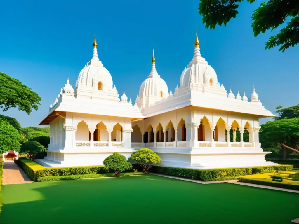 Templo Jainista: Belleza Serena y Espiritualidad Templo jainista con exquisita filigrana de piedra, devotos en meditación y un aura espiritual
