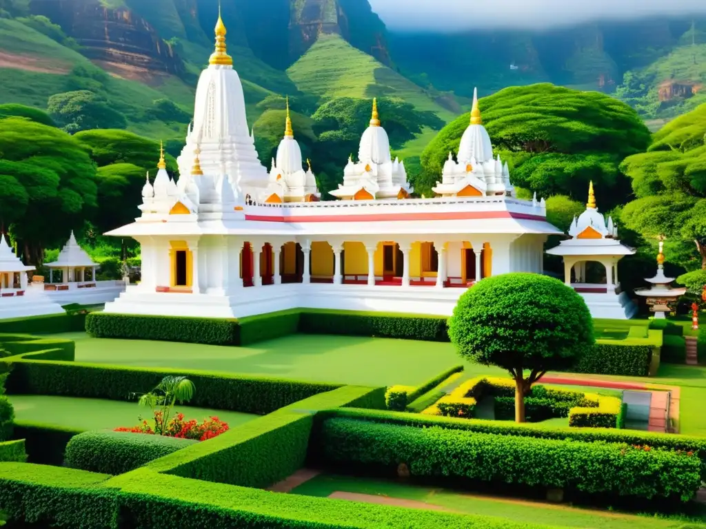 Templo jainista con festivales significativos, adornado con pinturas, esculturas y jardines exuberantes, envuelto en serenidad y devoción
