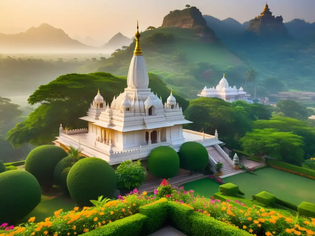 Un templo jainista al amanecer, con intrincadas esculturas de mármol y una imponente torre que se eleva hacia el cielo