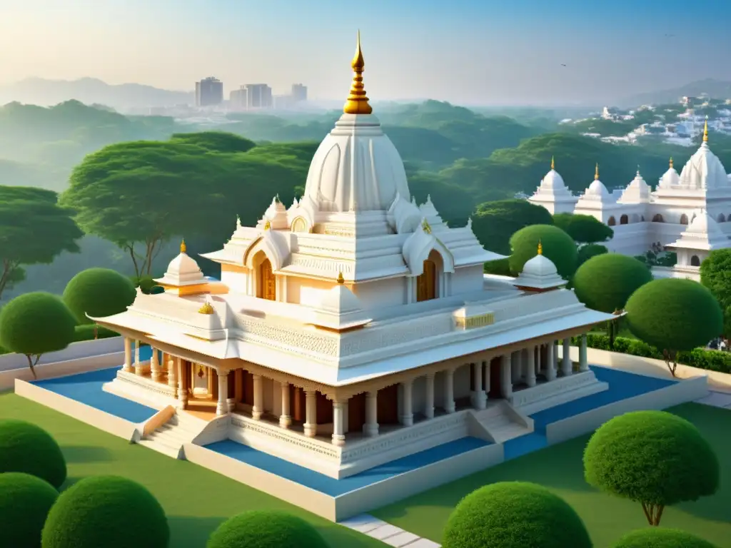 Un templo jainista moderno con intrincados detalles arquitectónicos y tecnológicos, destaca la unión de Jainismo y tecnología en la era digital