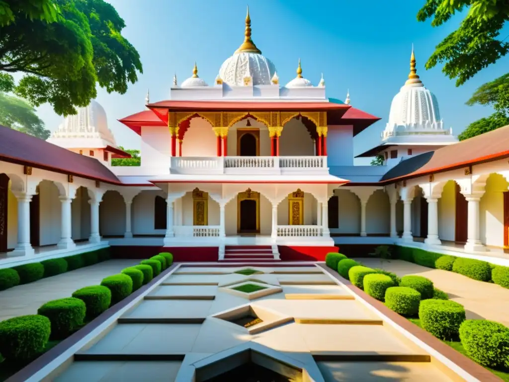 Templo jainista moderno rodeado de naturaleza y visitantes, reflejando los desafíos del Jainismo en el siglo XXI