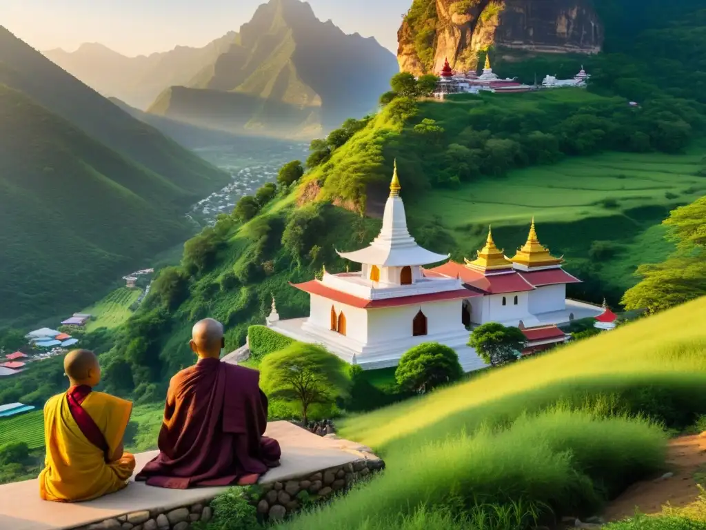 Un templo jainista y un monasterio budista en las montañas verdes, con detalles arquitectónicos y banderas de oración