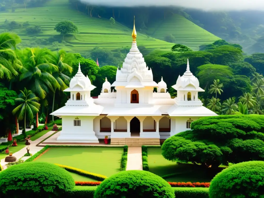 Templo jainista en paisaje verde, adoradores en oración, reflejando la relevancia contemporánea de la literatura jainista