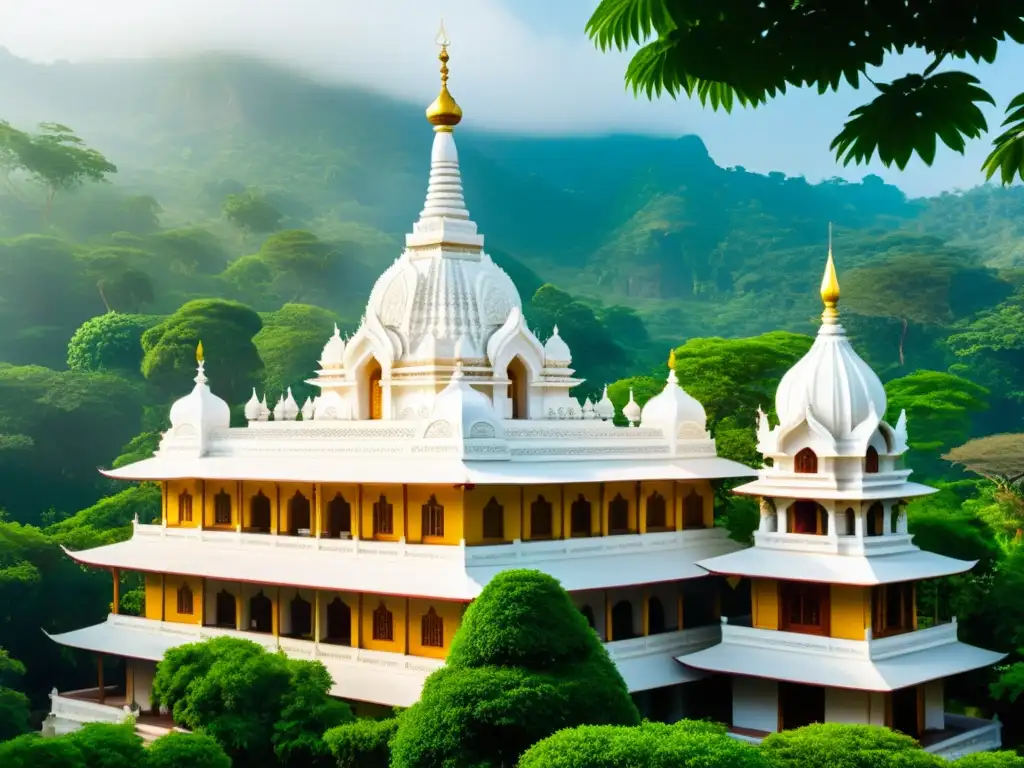 Templo jainista rodeado de exuberante vegetación, con intrincadas esculturas y elementos arquitectónicos detallados