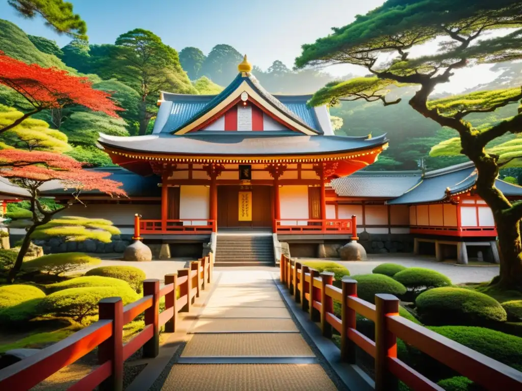 Un templo japonés tradicional rodeado de un exuberante bosque, con acentos rojos y dorados
