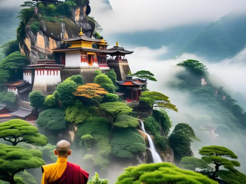 Templo montañoso envuelto en niebla con monjes en saffron y pagodas entre árboles, evocando la esencia del curso online filosofía asiática