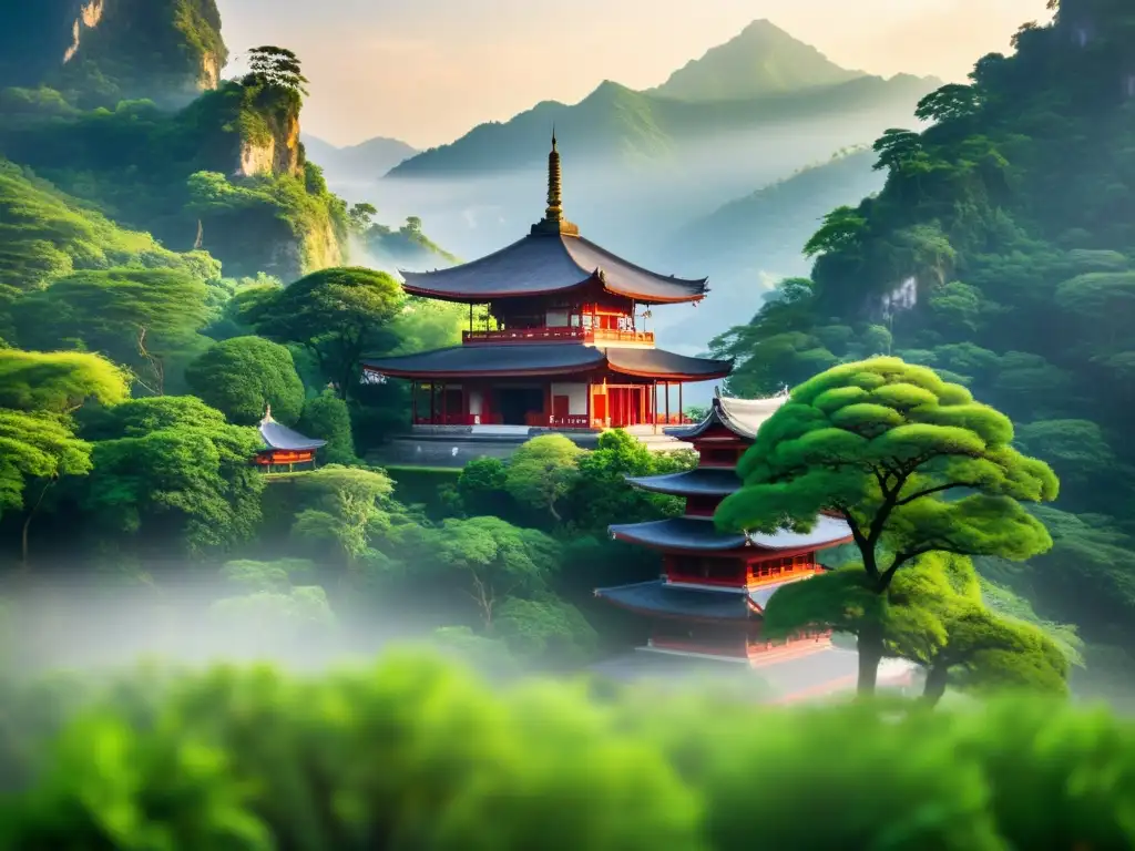 Un templo oriental tradicional se encuentra en un paisaje montañoso cubierto de niebla, exudando serenidad y sabiduría atemporal