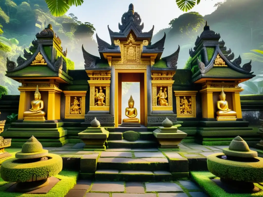 Templo de piedra tallada en Bali, Indonesia, rodeado de exuberante vegetación tropical