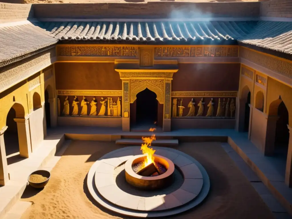Templo zoroastrista con rituales alrededor del fuego, bañado en luz dorada, reflejando la cosmología dualista zoroastrismo