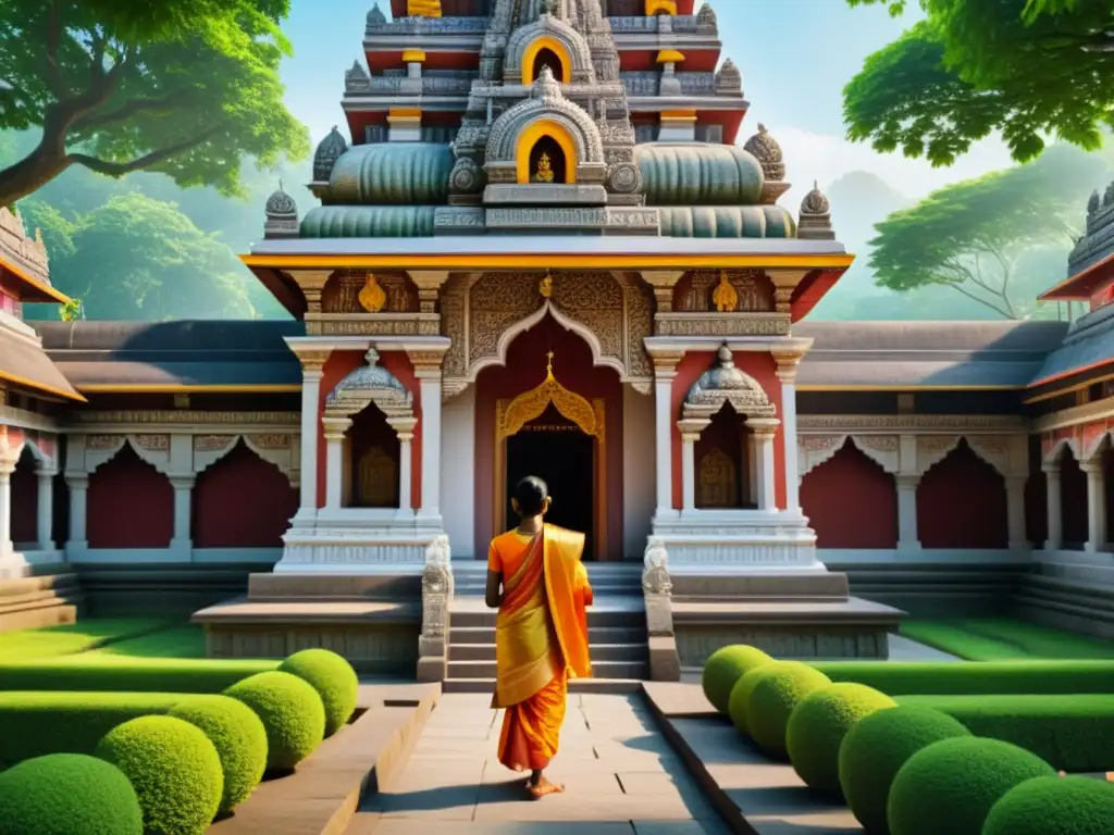 Un templo hindú sereno y exuberante con devotos en oración