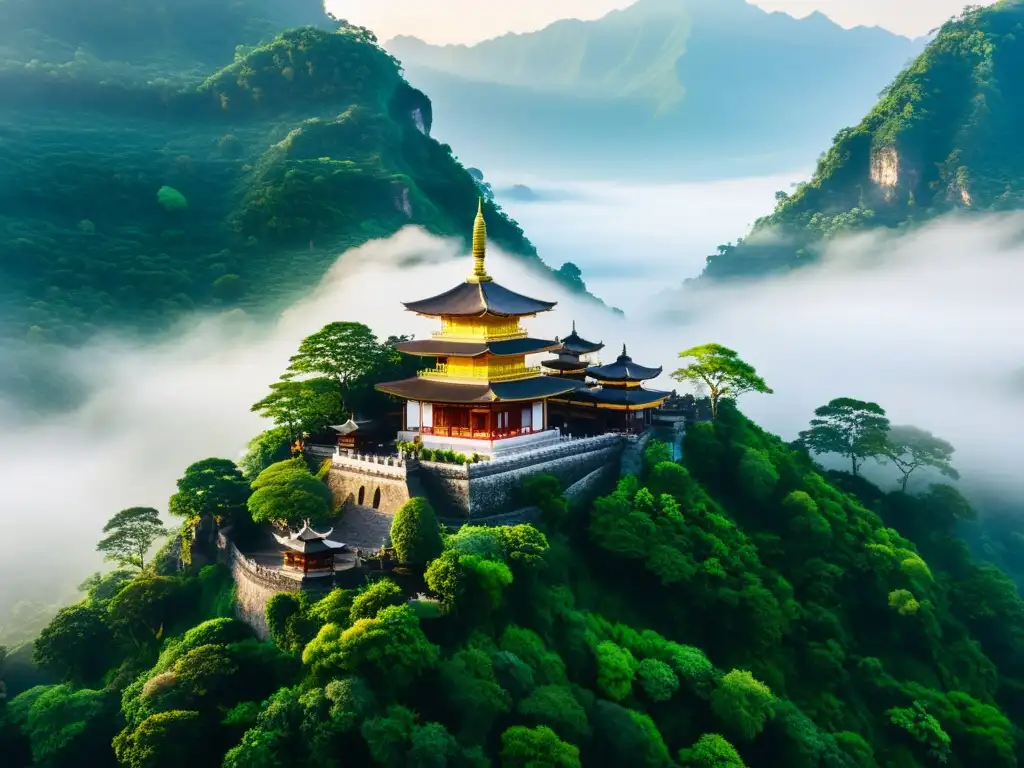 Templo sereno en las montañas verdes del Lejano Oriente, diálogo filosófico tradiciones orientales