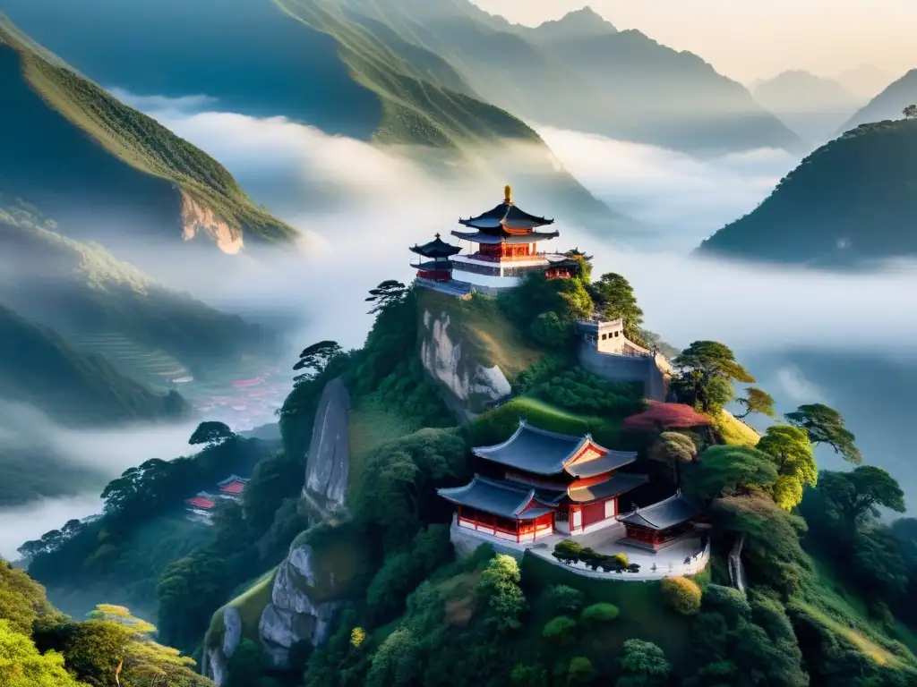 Un templo taoísta en la montaña al amanecer, reflejando la Filosofía del Tao en el cine