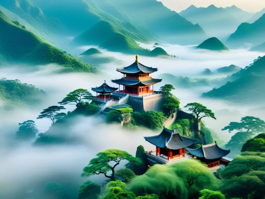 Un templo taoísta se eleva entre montañas brumosas, donde un practicante de Tai Chi realiza movimientos fluidos