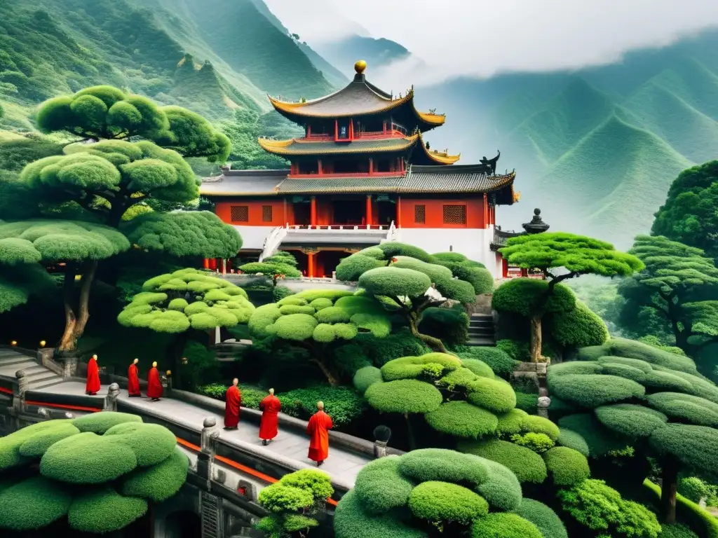 Templo taoísta en las montañas de China, con monjes, bonsáis y arquitectura tradicional