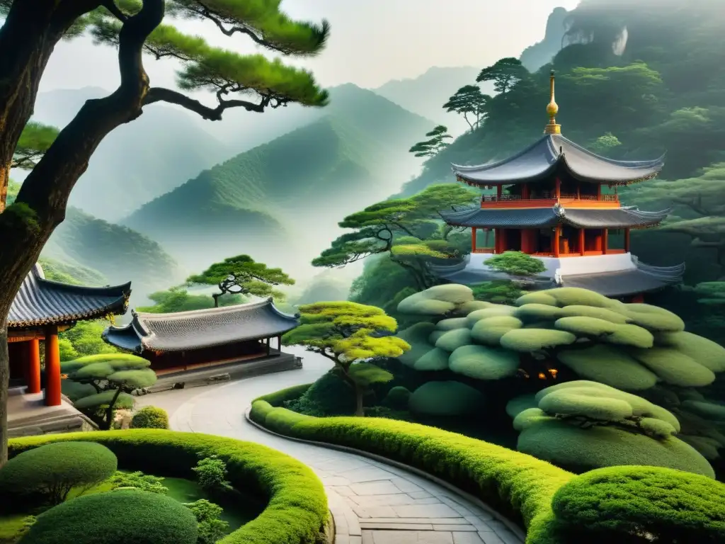 Un templo taoísta se alza entre montañas neblinosas, invitando a reflexionar sobre las Lecciones del Arte de la Estrategia Taoísta